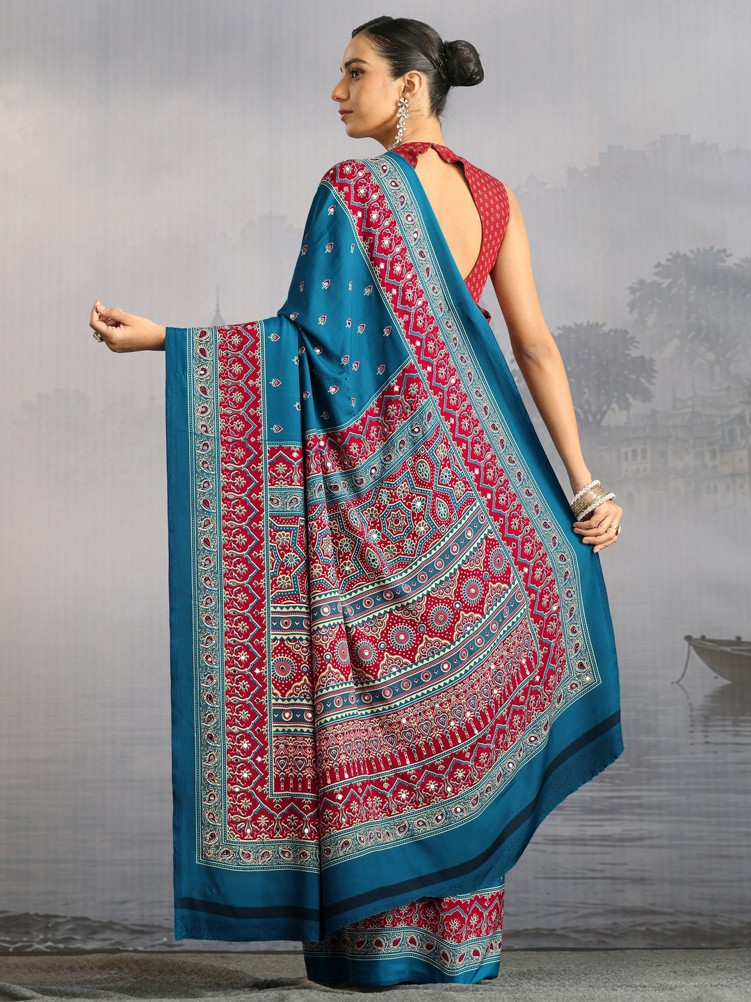  Libas Cobalt Blue Ajrakh Print Mirror Work Satin Saree 