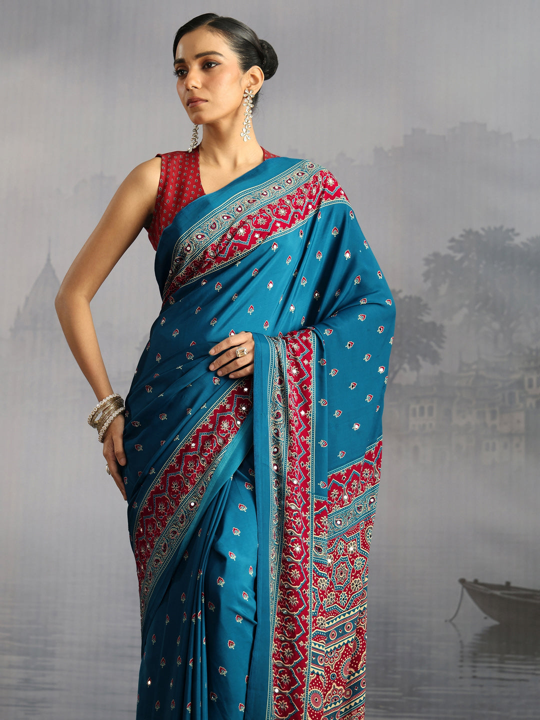  Libas Cobalt Blue Ajrakh Print Mirror Work Satin Saree 