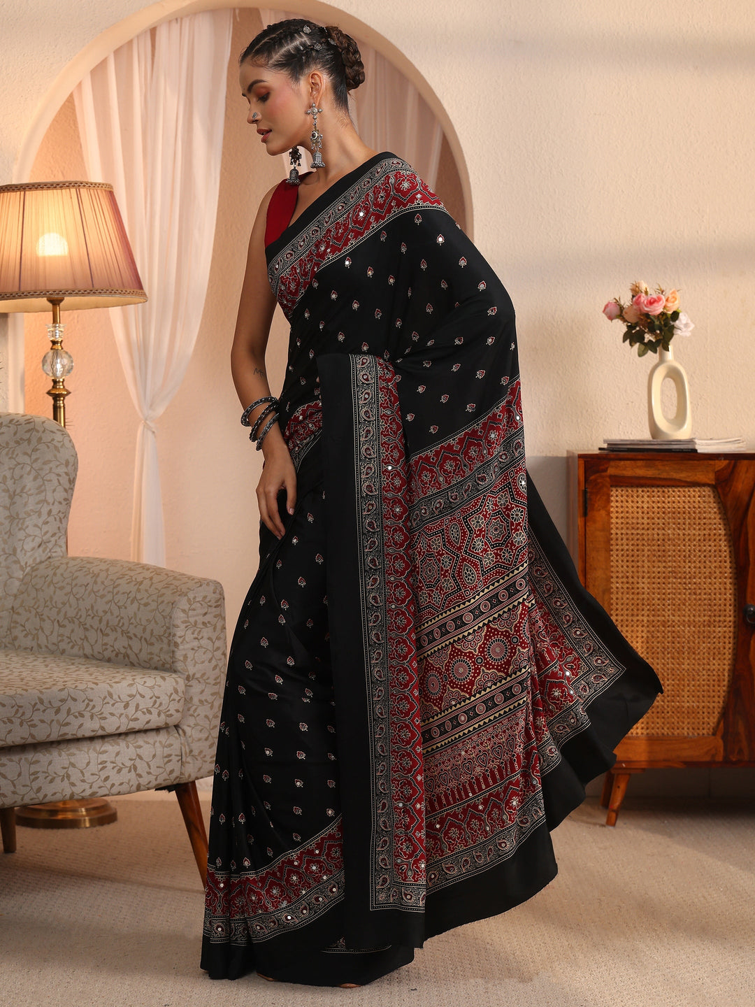  Libas Black Printed Mirror Work Satin Saree 