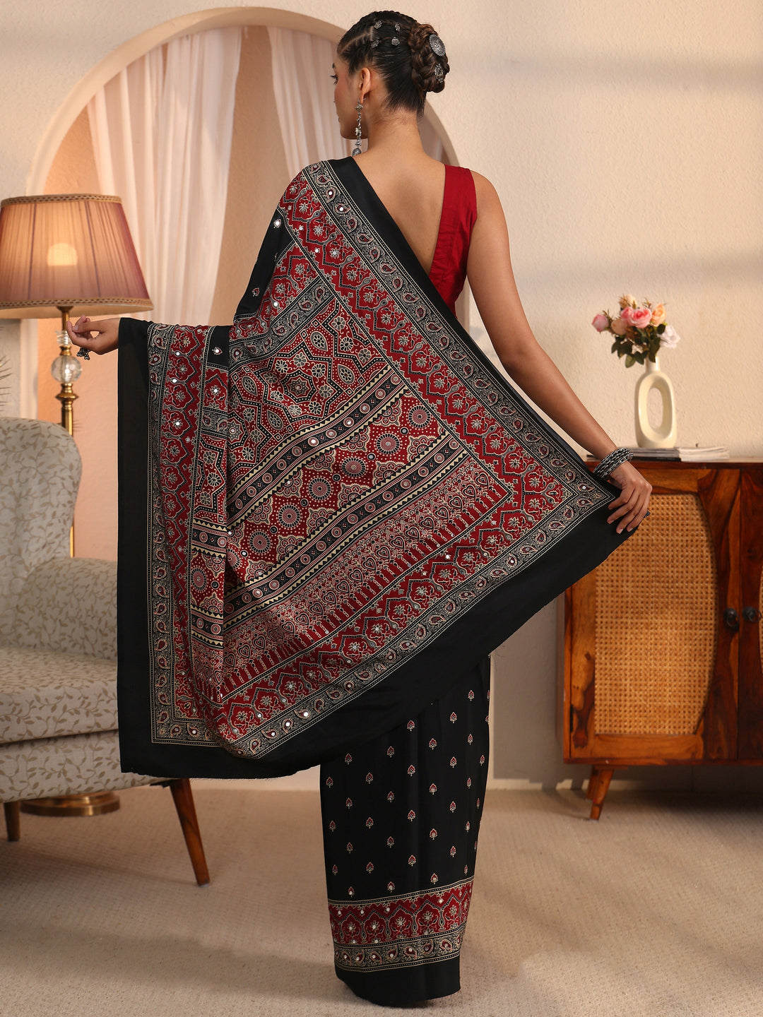  Libas Black Printed Mirror Work Satin Saree 