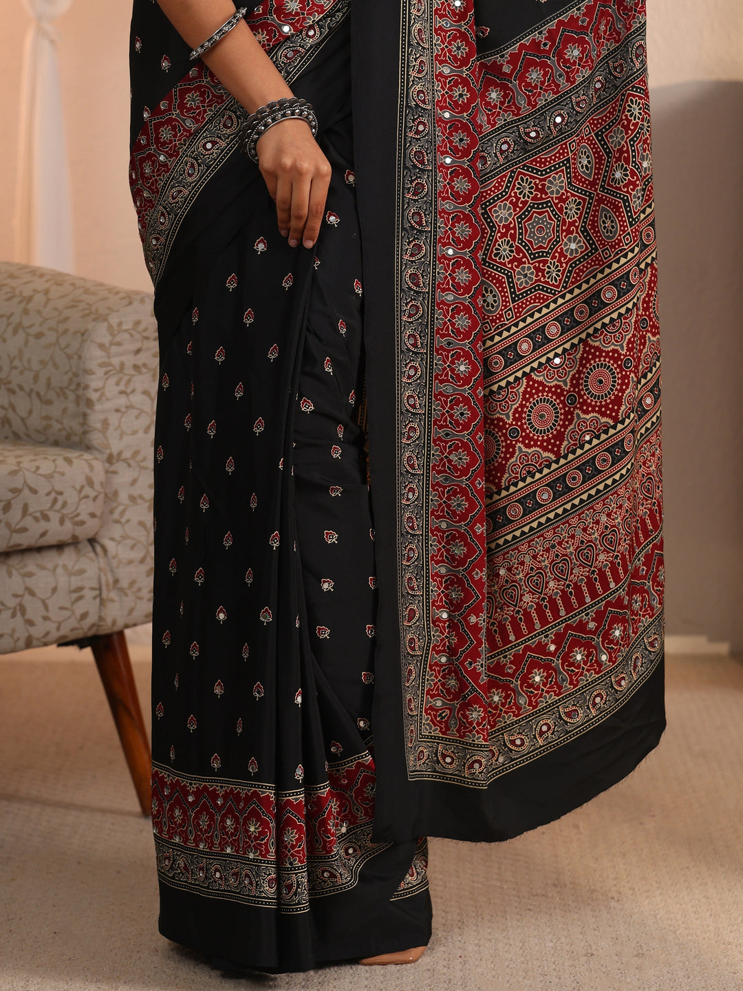  Libas Black Printed Mirror Work Satin Saree 