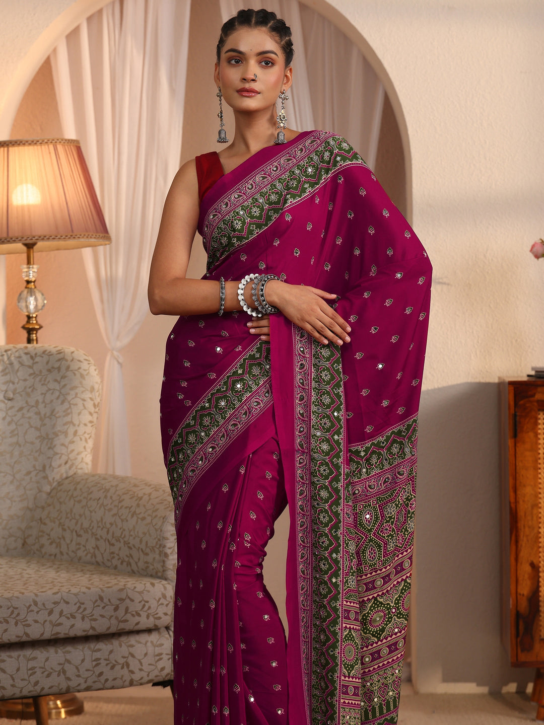  Libas Pink Printed Mirror Work Satin Saree 