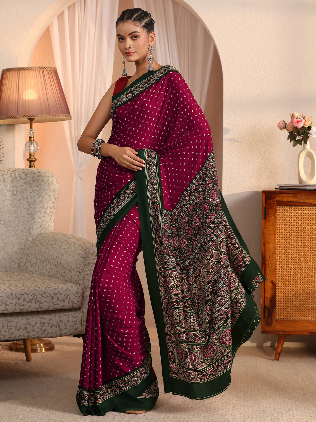 Libas Maroon Printed Mirror Work Satin Saree 