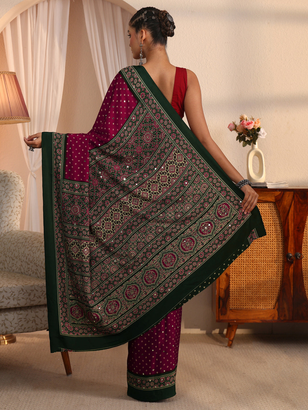  Libas Maroon Printed Mirror Work Satin Saree 