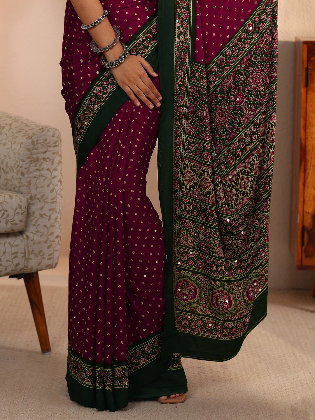  Libas Maroon Printed Mirror Work Satin Saree 