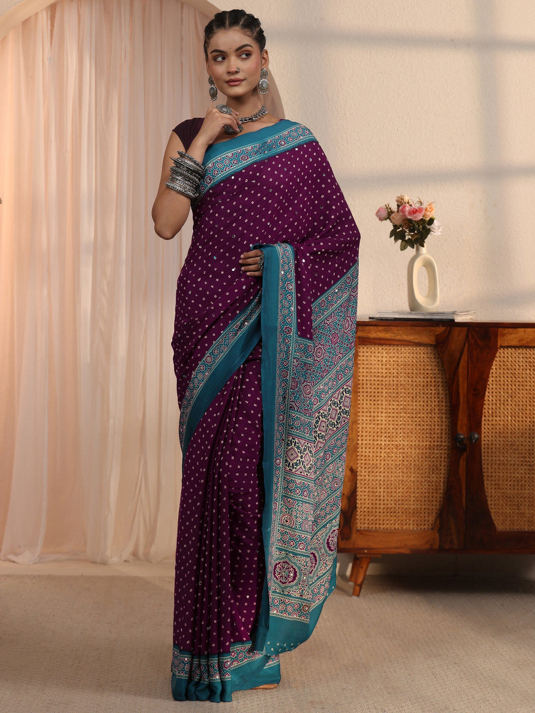  Libas Wine Printed Mirror Work Satin Saree 