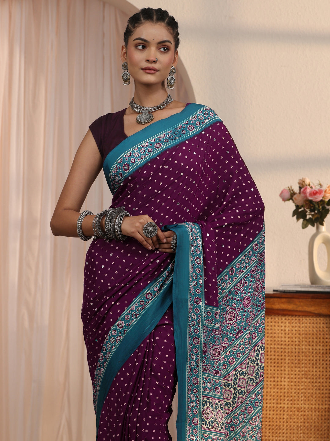 Libas Wine Printed Mirror Work Satin Saree 
