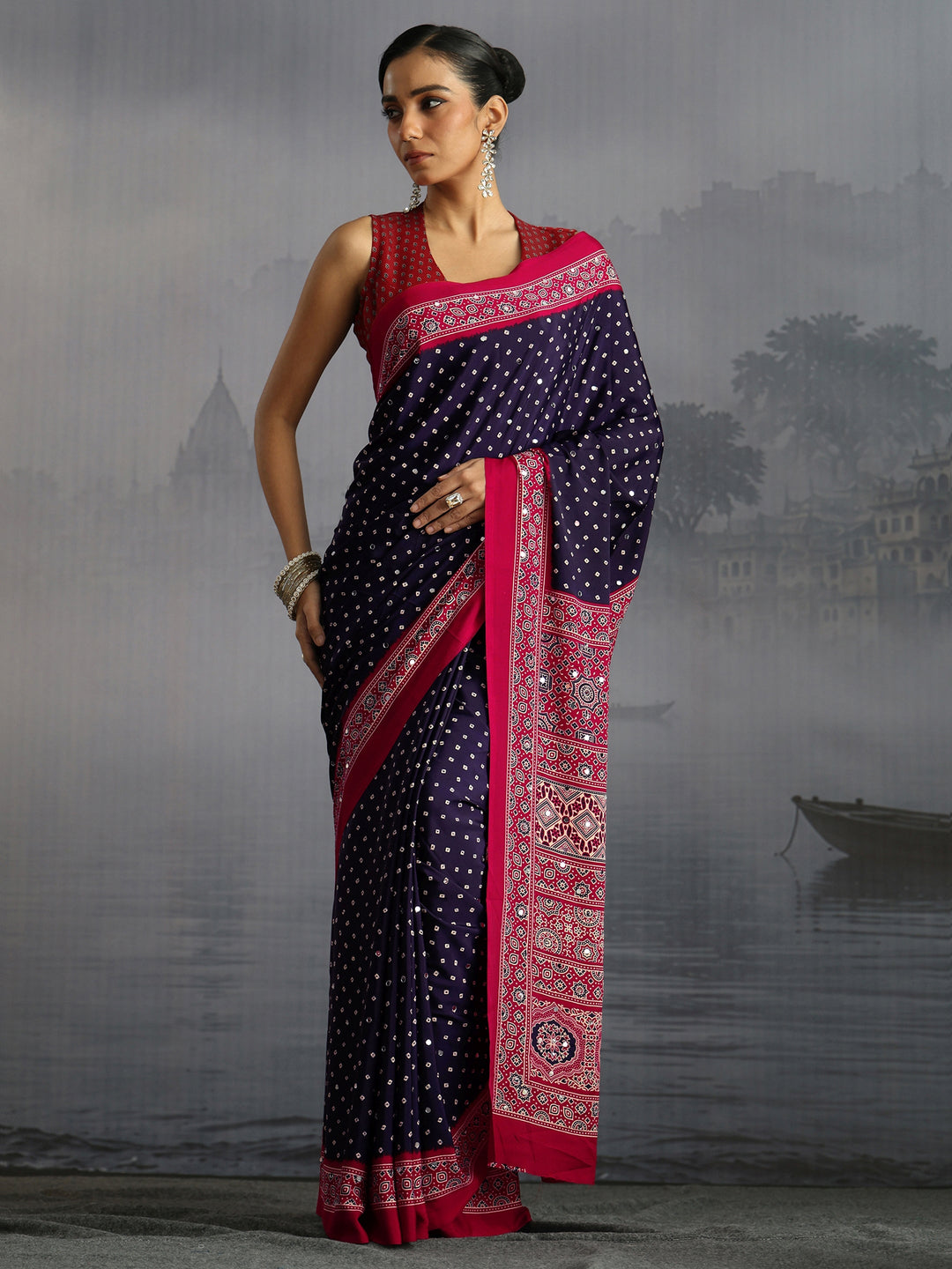 Libas Midnight Blue Ajrakh Print Mirror Work Satin Saree 