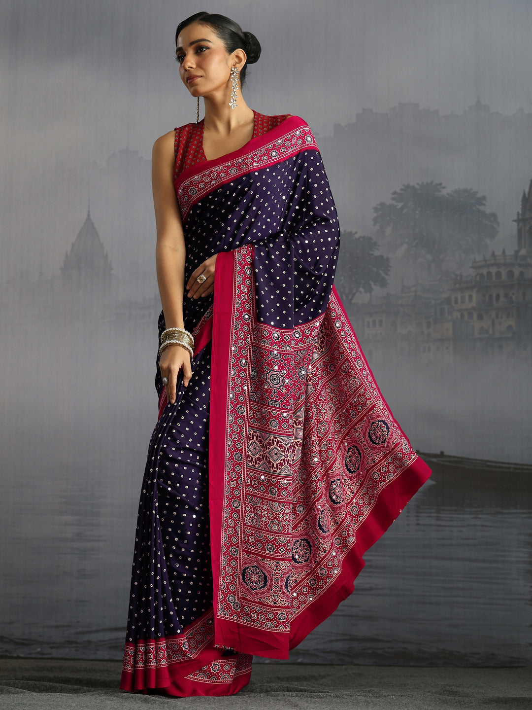  Libas Midnight Blue Ajrakh Print Mirror Work Satin Saree 