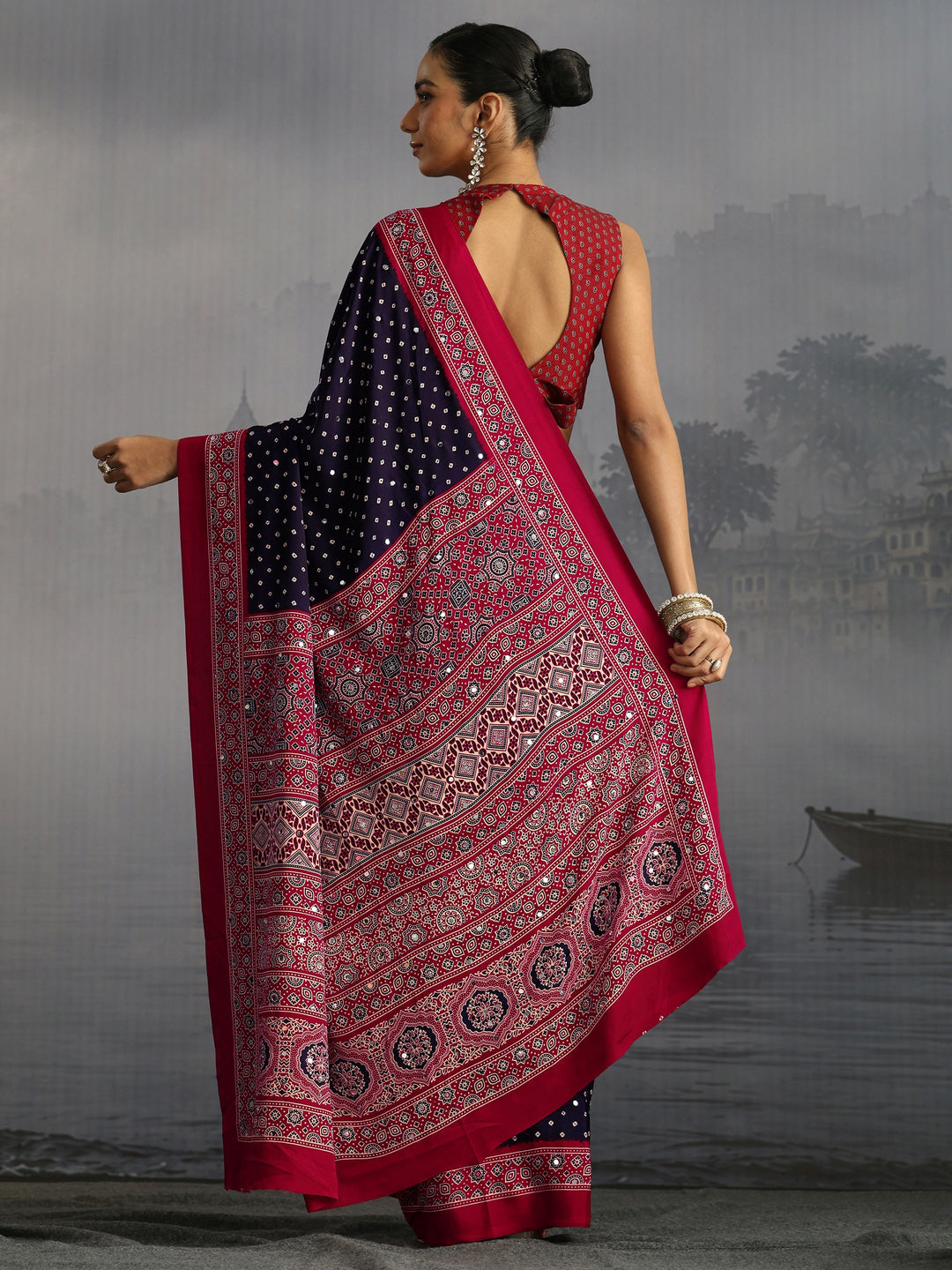  Libas Midnight Blue Ajrakh Print Mirror Work Satin Saree 