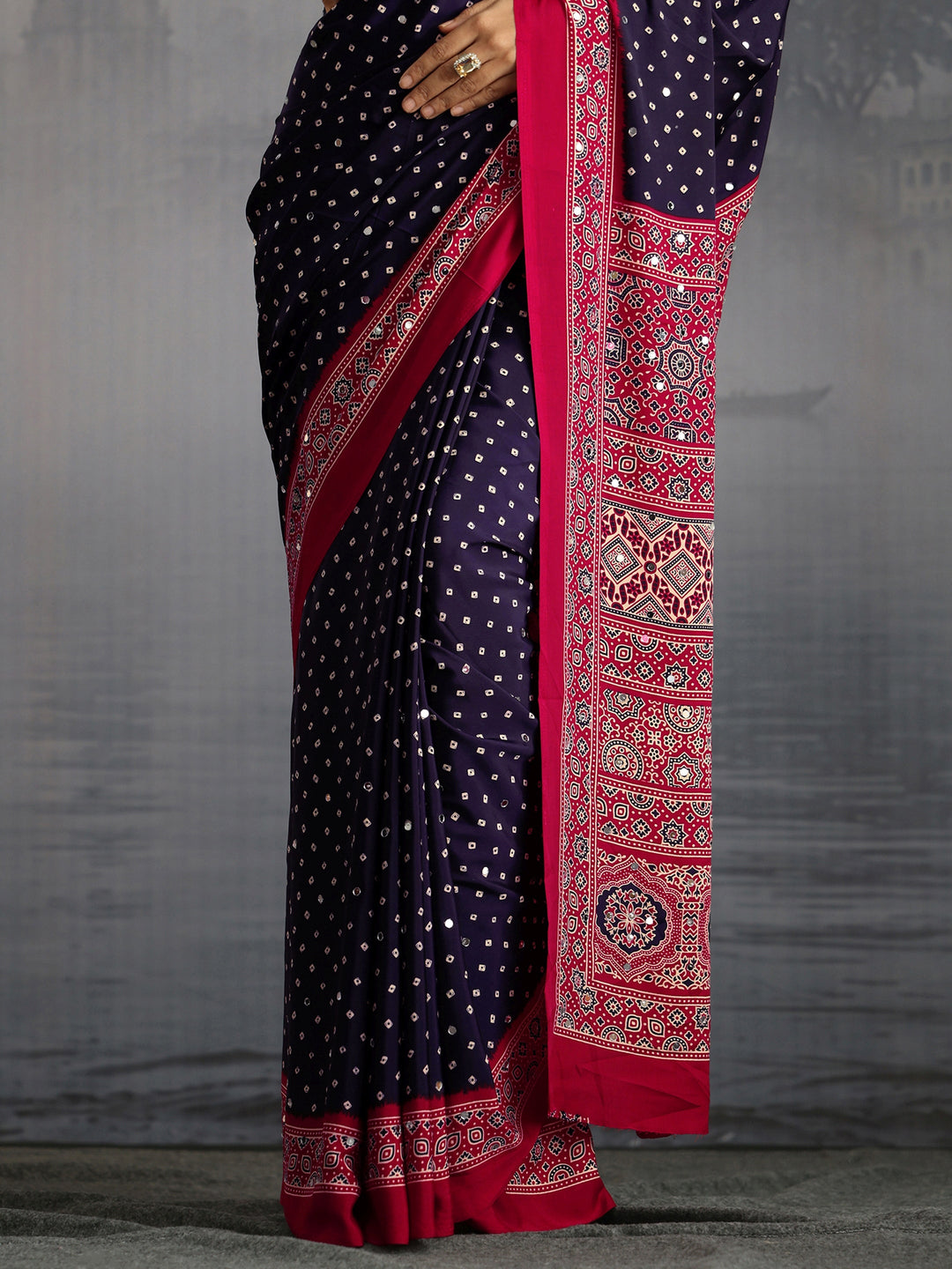  Libas Midnight Blue Ajrakh Print Mirror Work Satin Saree 