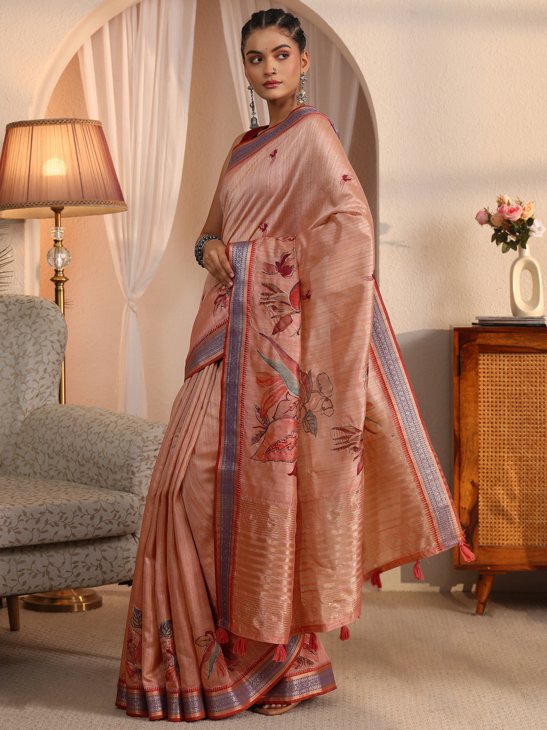  Libas Mauve Floral Printed Silk Blend Tassel Saree with Woven Border 