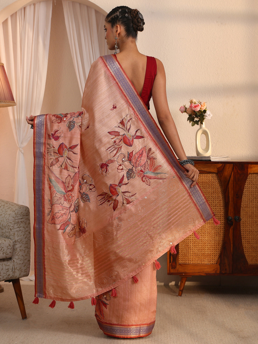  Libas Mauve Floral Printed Silk Blend Tassel Saree with Woven Border 