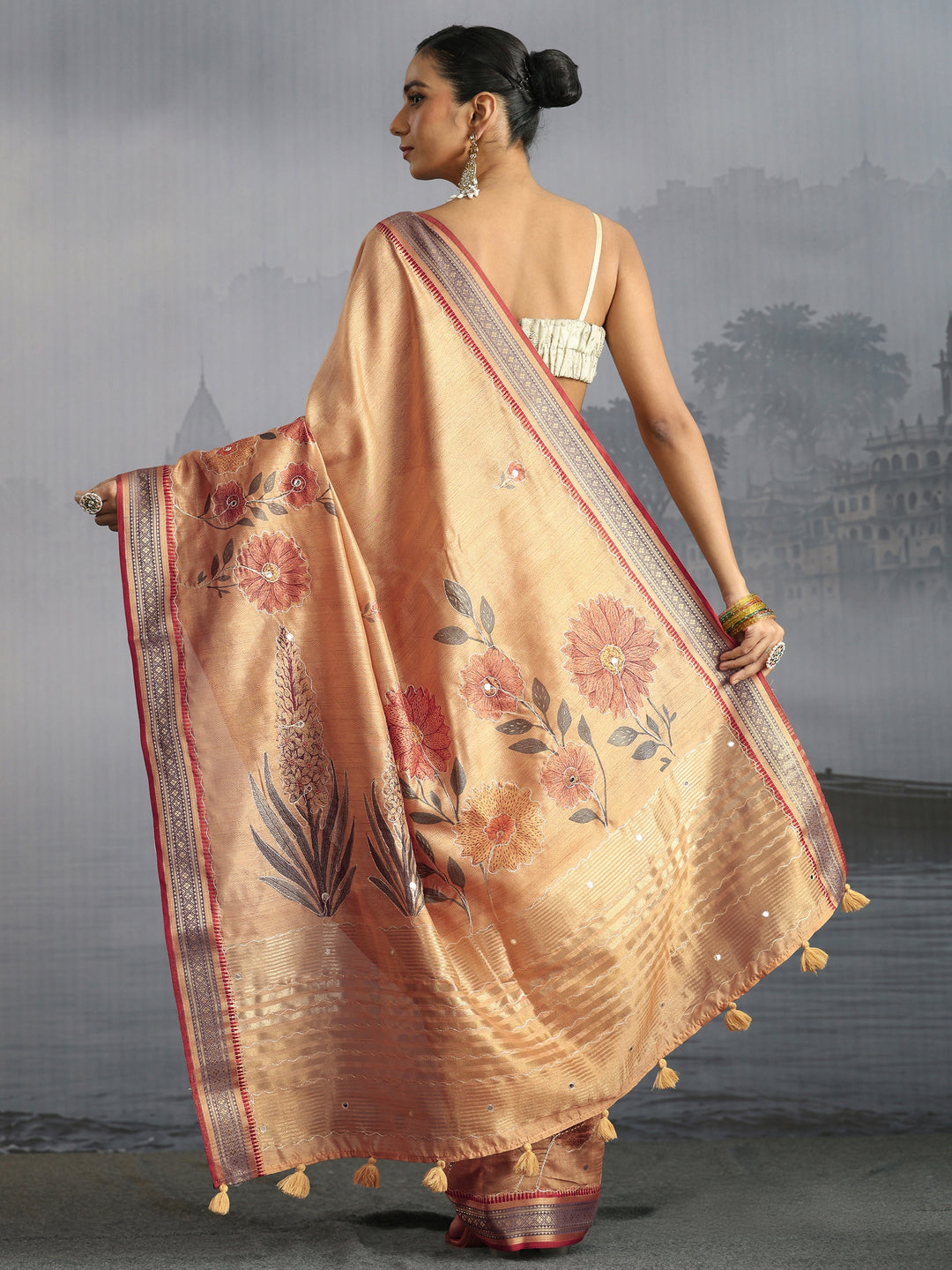  Libas Beige Floral Printed Silk Blend Tassel Saree 