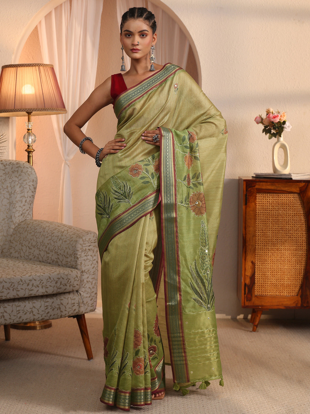  Libas Green Floral Printed Silk Blend Tassel Saree with Woven Border 