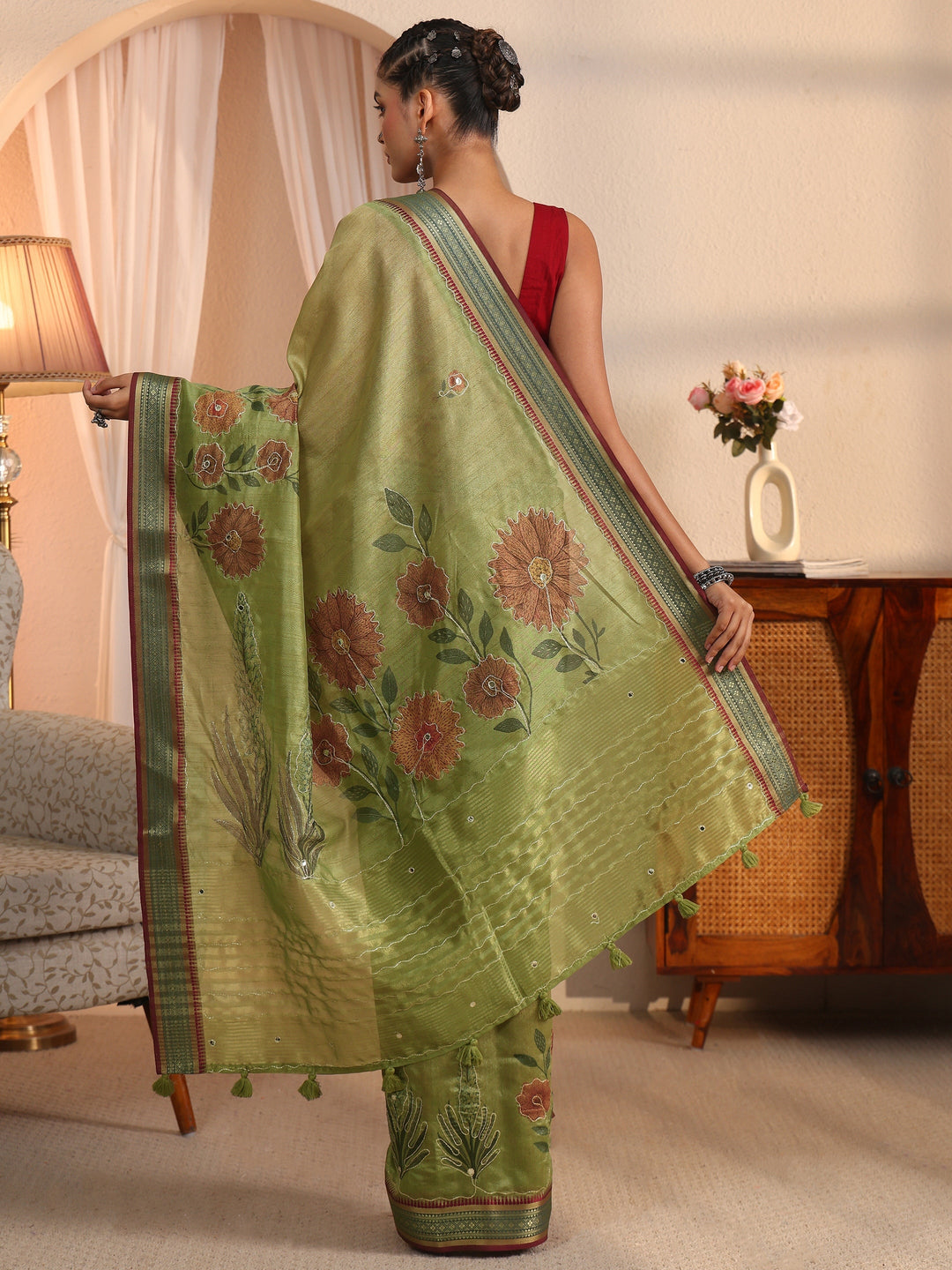  Libas Green Floral Printed Silk Blend Tassel Saree with Woven Border 