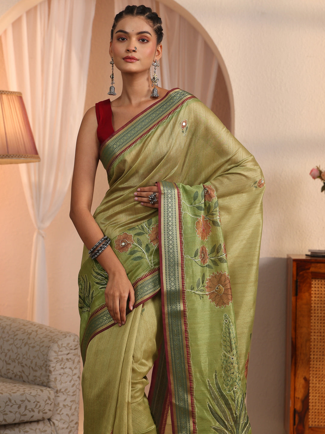  Libas Green Floral Printed Silk Blend Tassel Saree with Woven Border 
