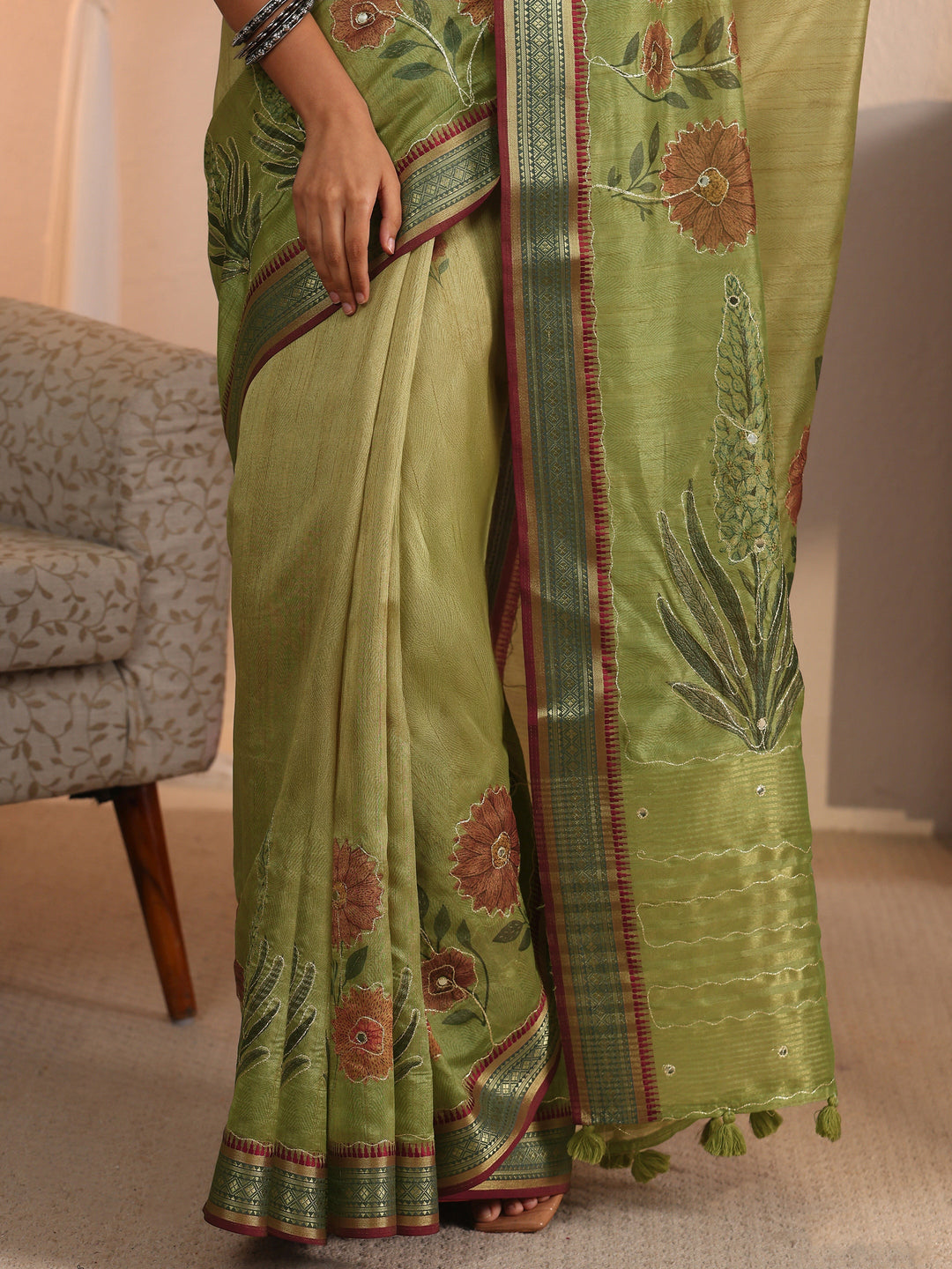  Libas Green Floral Printed Silk Blend Tassel Saree with Woven Border 