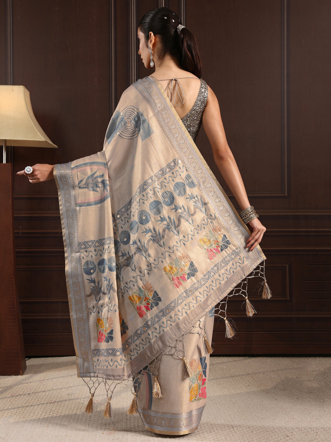  Libas Grey Multi Printed Silk Blend Tassel Saree 