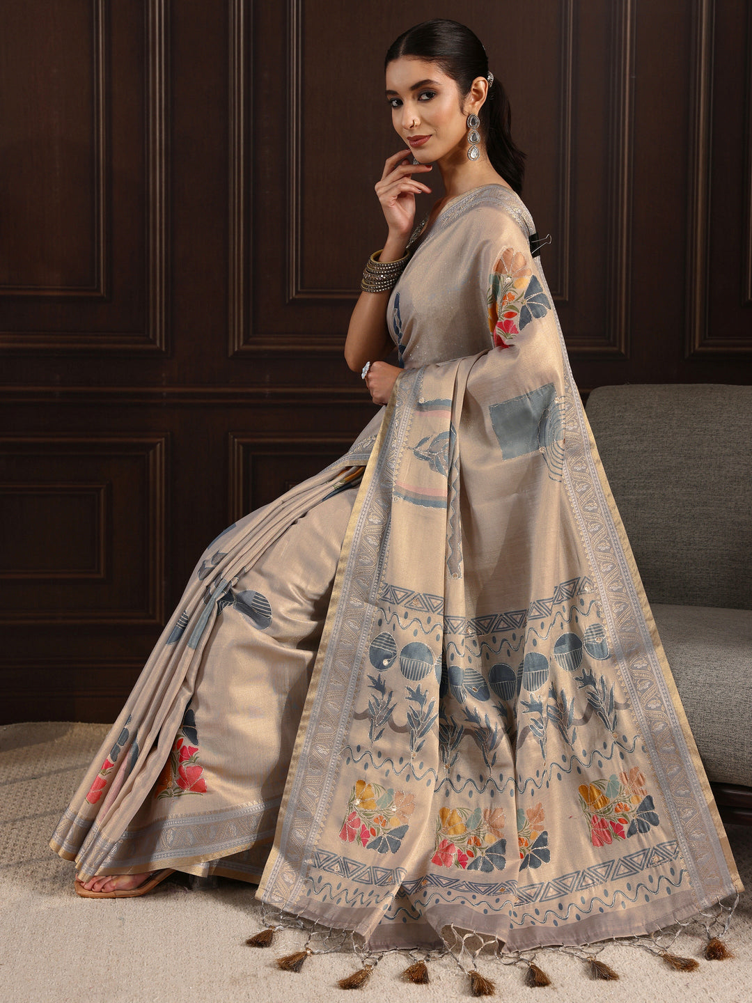  Libas Grey Multi Printed Silk Blend Tassel Saree 