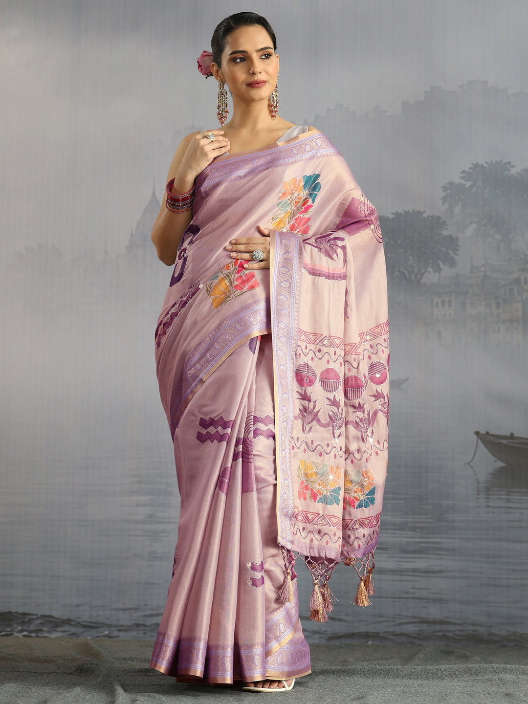  Libas Lavender Floral Printed Silk Blend Tassel Saree 