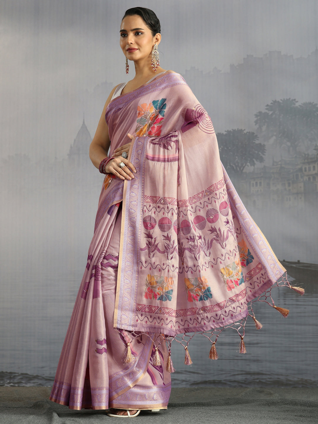  Libas Lavender Floral Printed Silk Blend Tassel Saree 