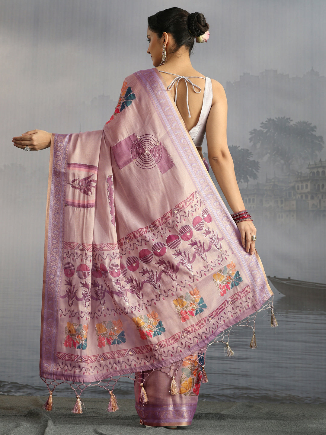  Libas Lavender Floral Printed Silk Blend Tassel Saree 