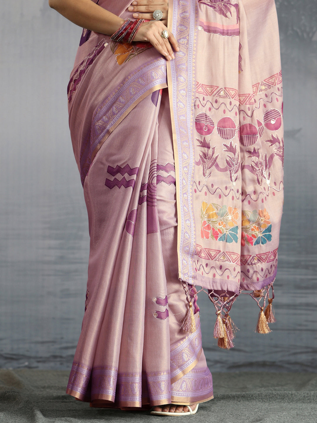  Libas Lavender Floral Printed Silk Blend Tassel Saree 