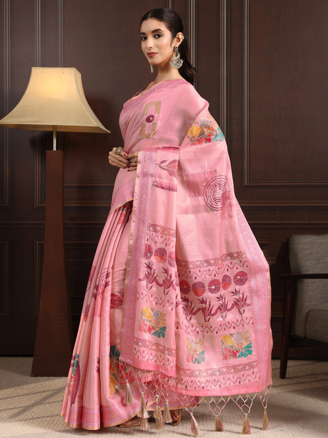  Libas Pink Multi Printed Silk Blend Tassel Saree 