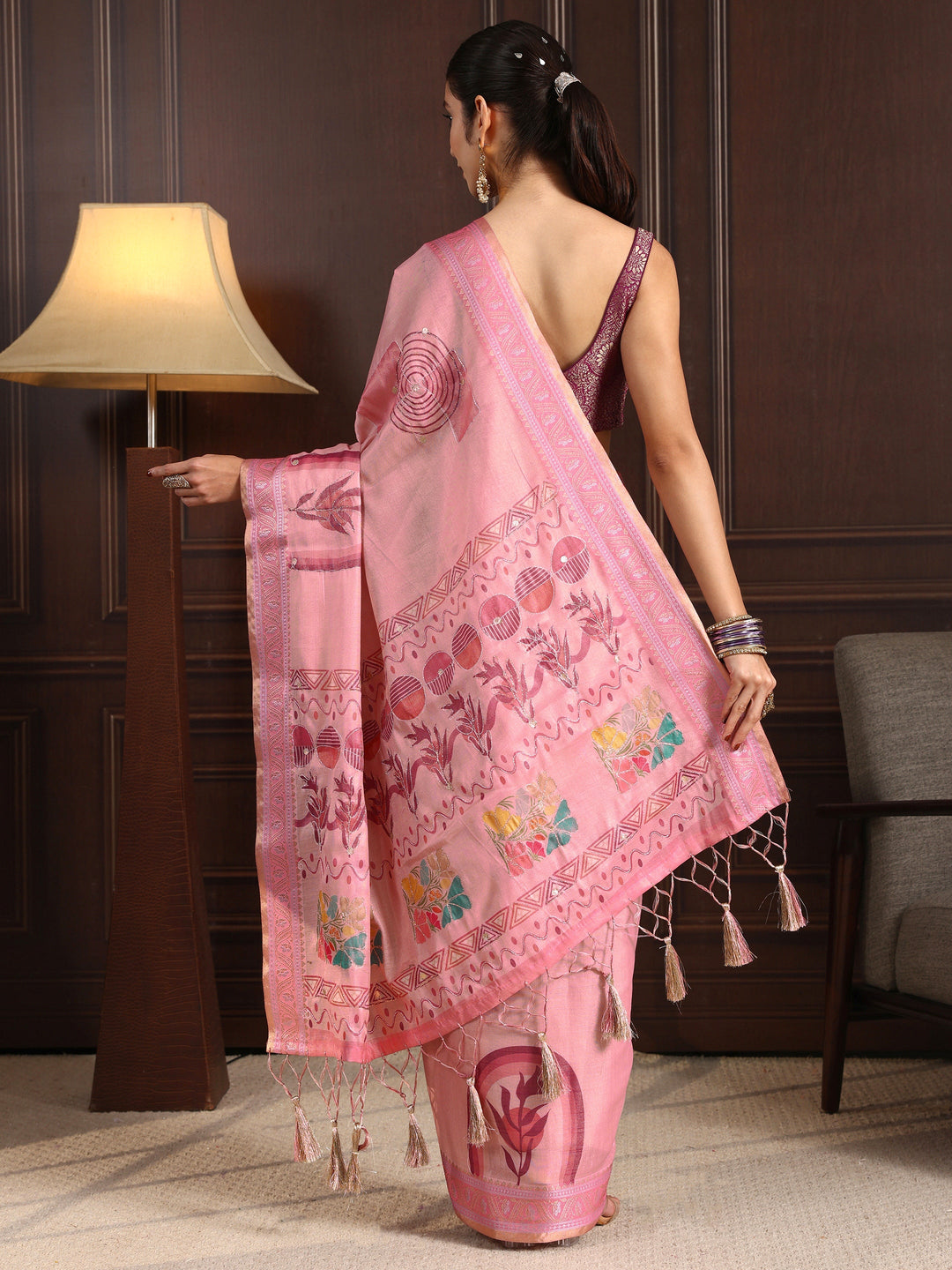  Libas Pink Multi Printed Silk Blend Tassel Saree 