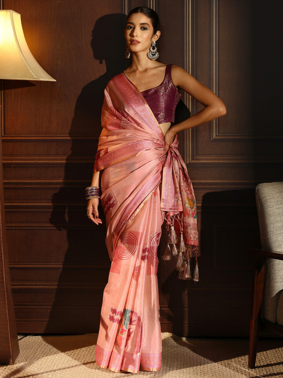  Libas Pink Multi Printed Silk Blend Tassel Saree 