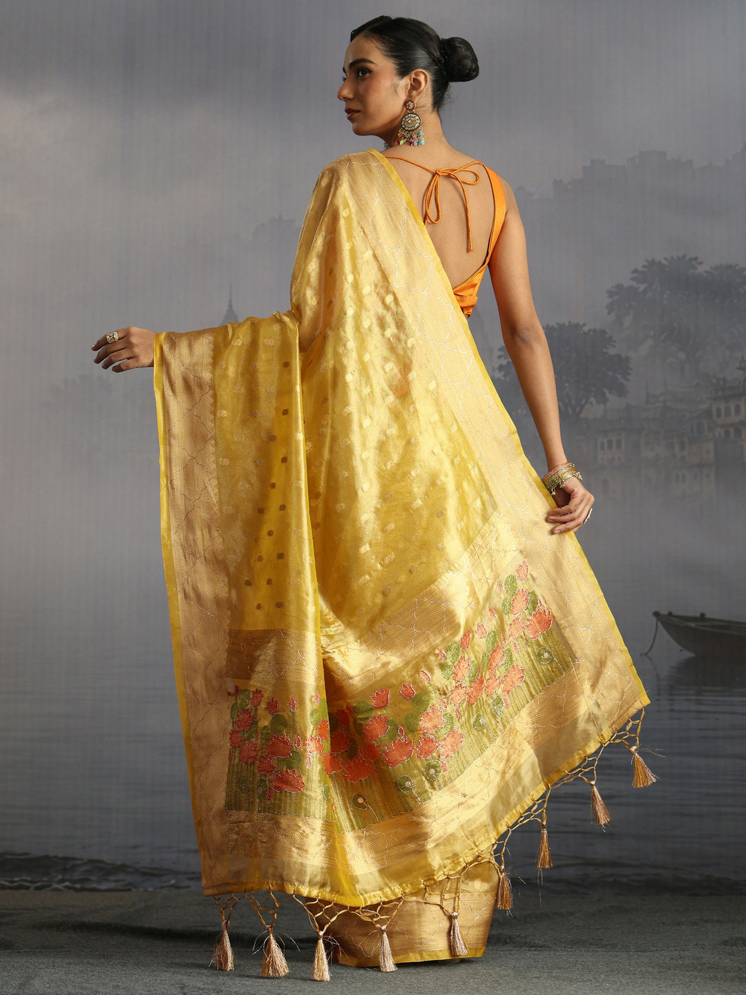  Libas Yellow Jacquard Woven Design Silk Blend Tassel Saree 