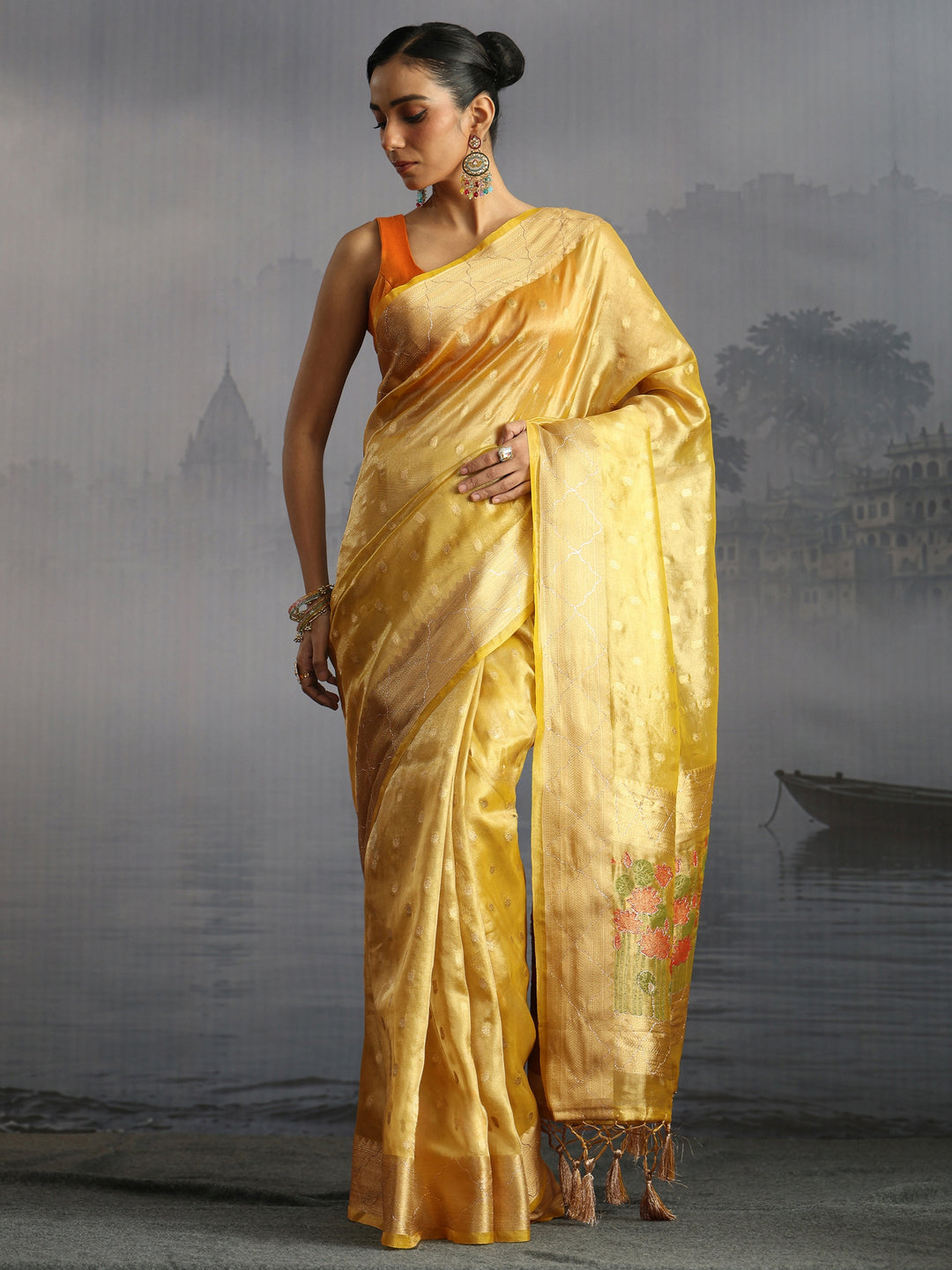  Libas Yellow Jacquard Woven Design Silk Blend Tassel Saree 