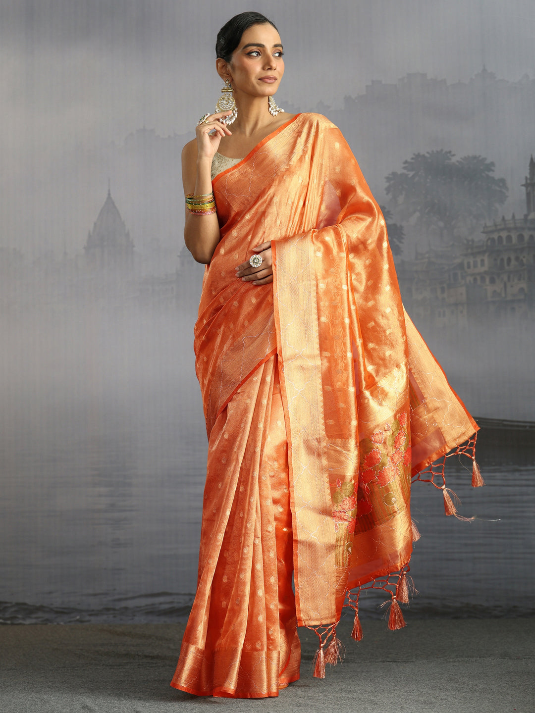  Libas Peach Jacquard Woven Design Silk Blend Tassel Saree 