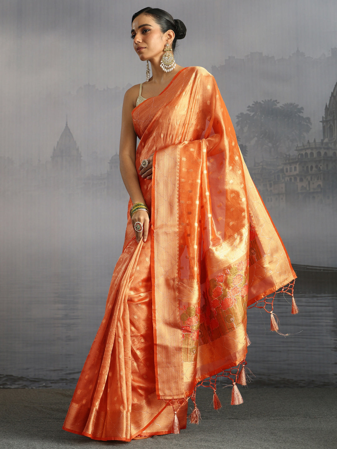  Libas Peach Jacquard Woven Design Silk Blend Tassel Saree 
