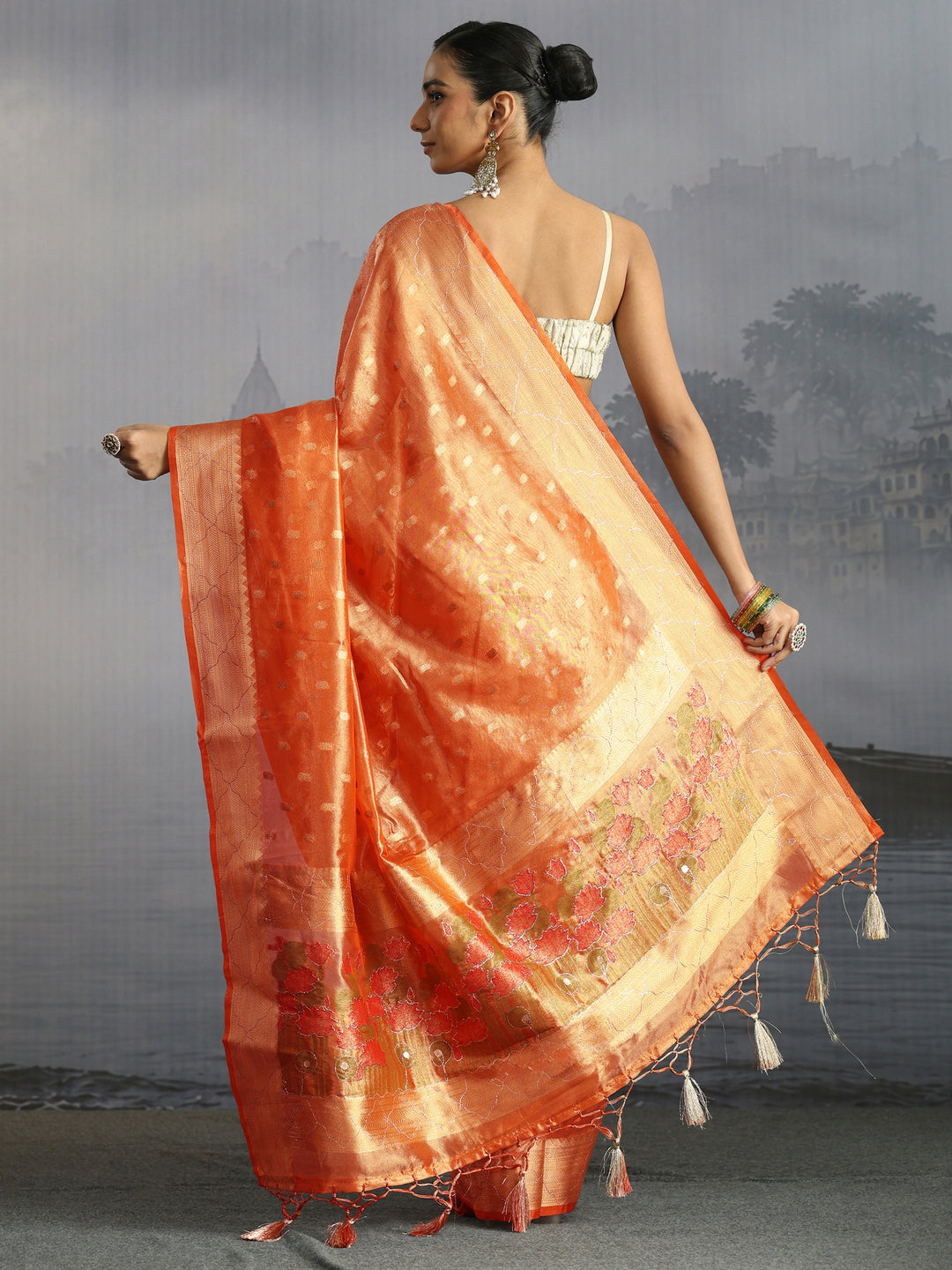  Libas Peach Jacquard Woven Design Silk Blend Tassel Saree 