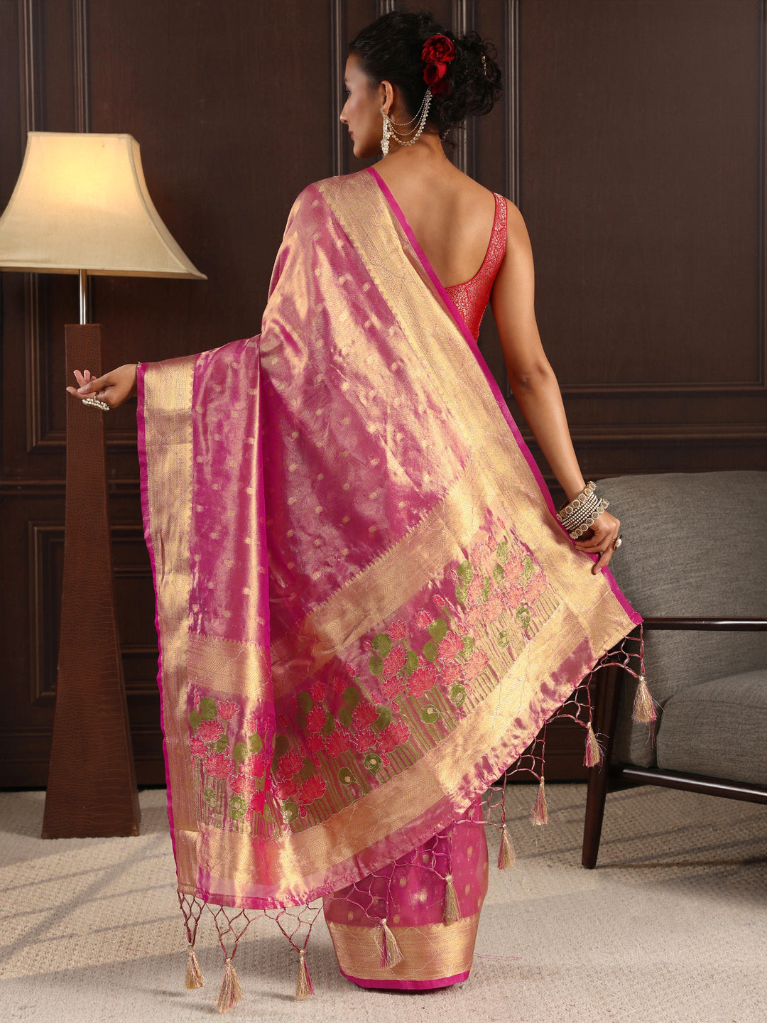  Libas Pink Woven Design Silk Blend Tassel Saree 