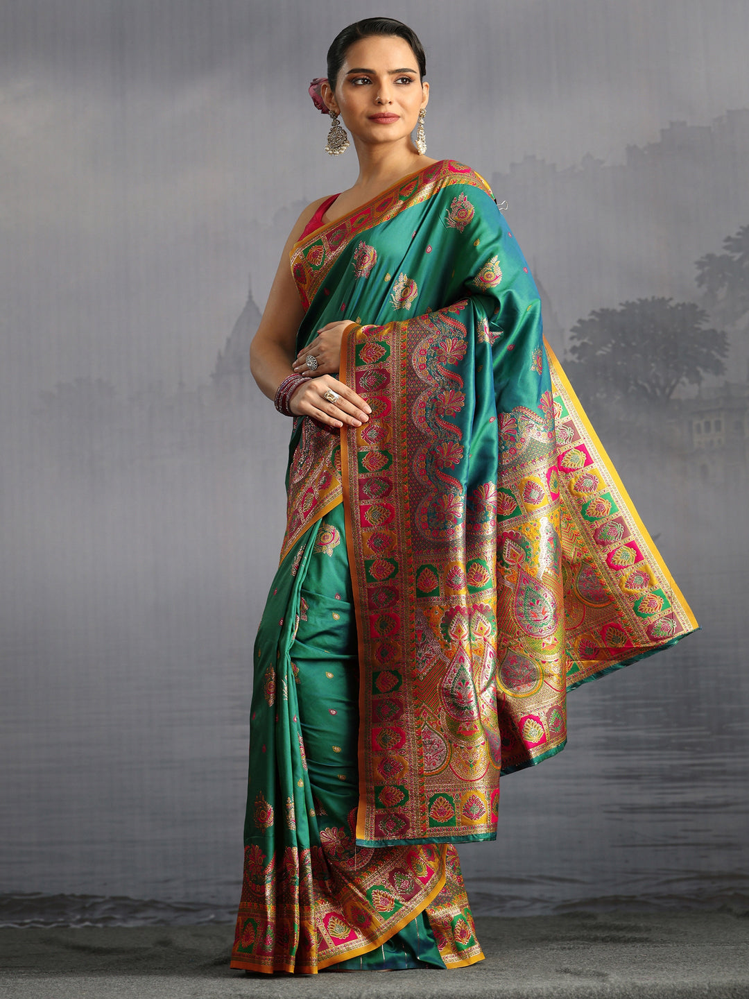  Libas Green Floral Woven Design Satin Saree 
