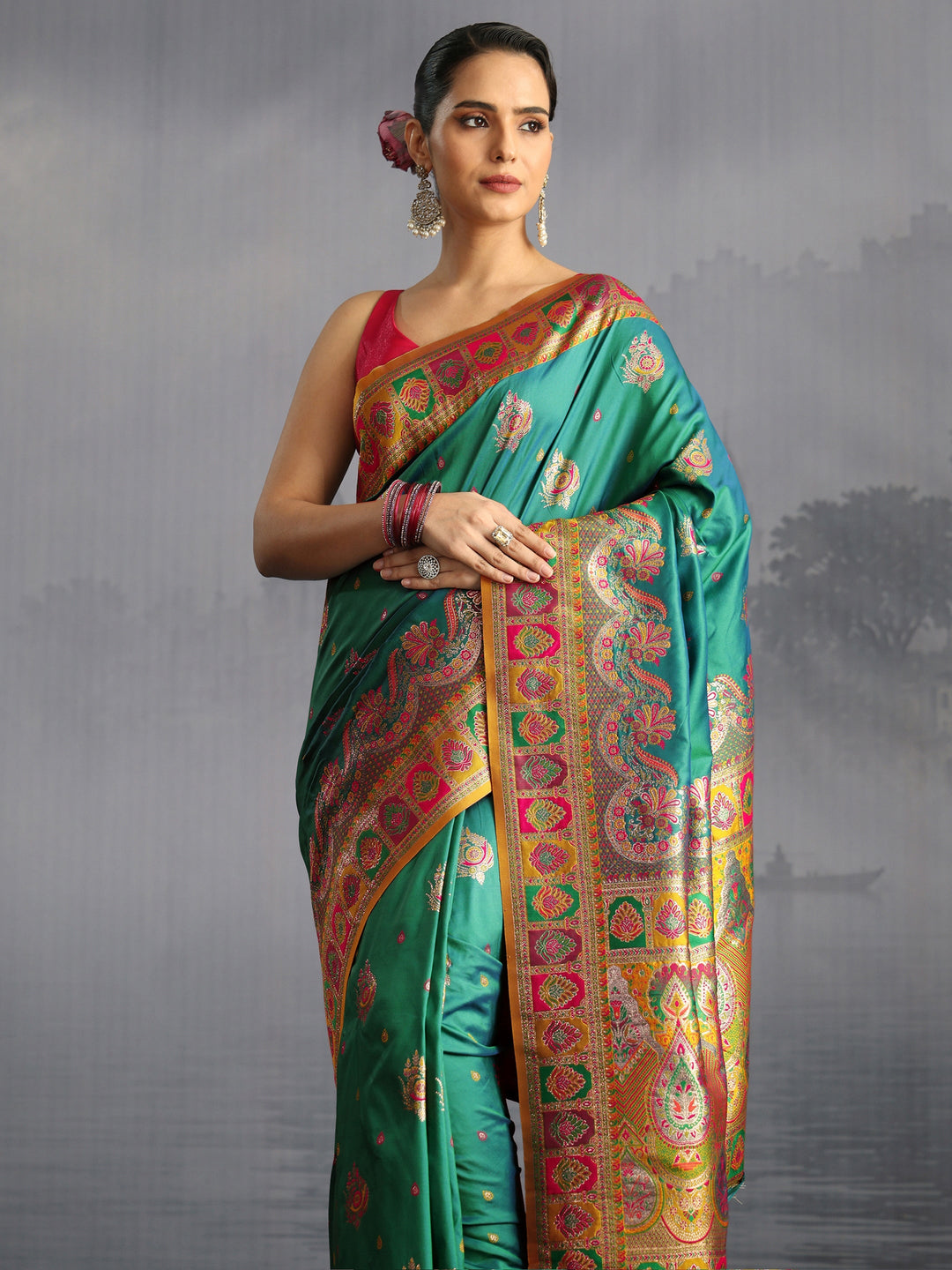  Libas Green Floral Woven Design Satin Saree 
