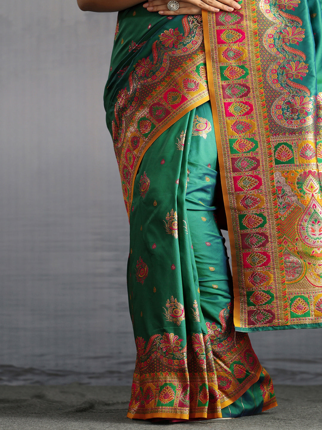  Libas Green Floral Woven Design Satin Saree 