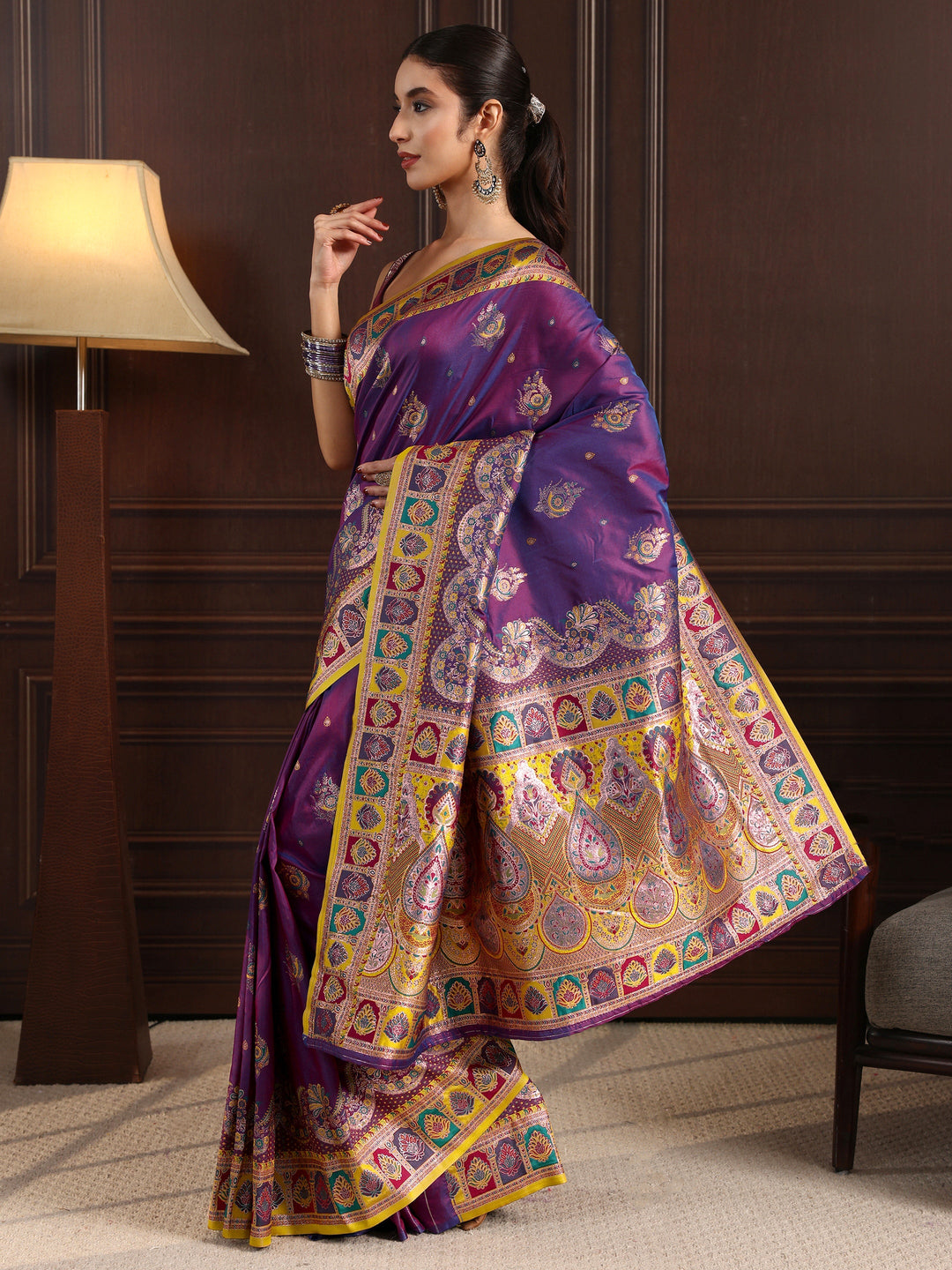  Libas Royal Purple Ethnic Woven Design Satin Saree 