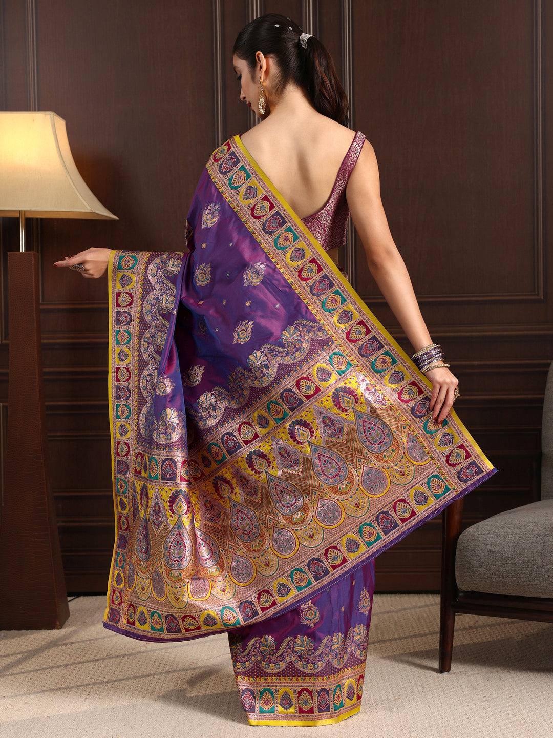  Libas Royal Purple Ethnic Woven Design Satin Saree 