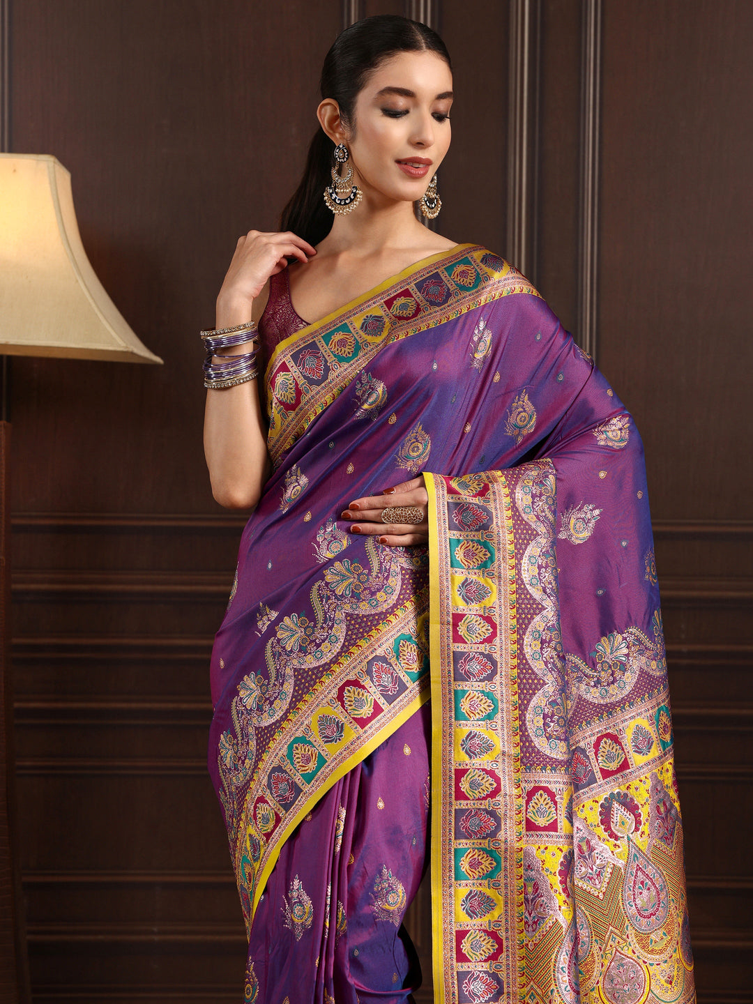  Libas Royal Purple Ethnic Woven Design Satin Saree 
