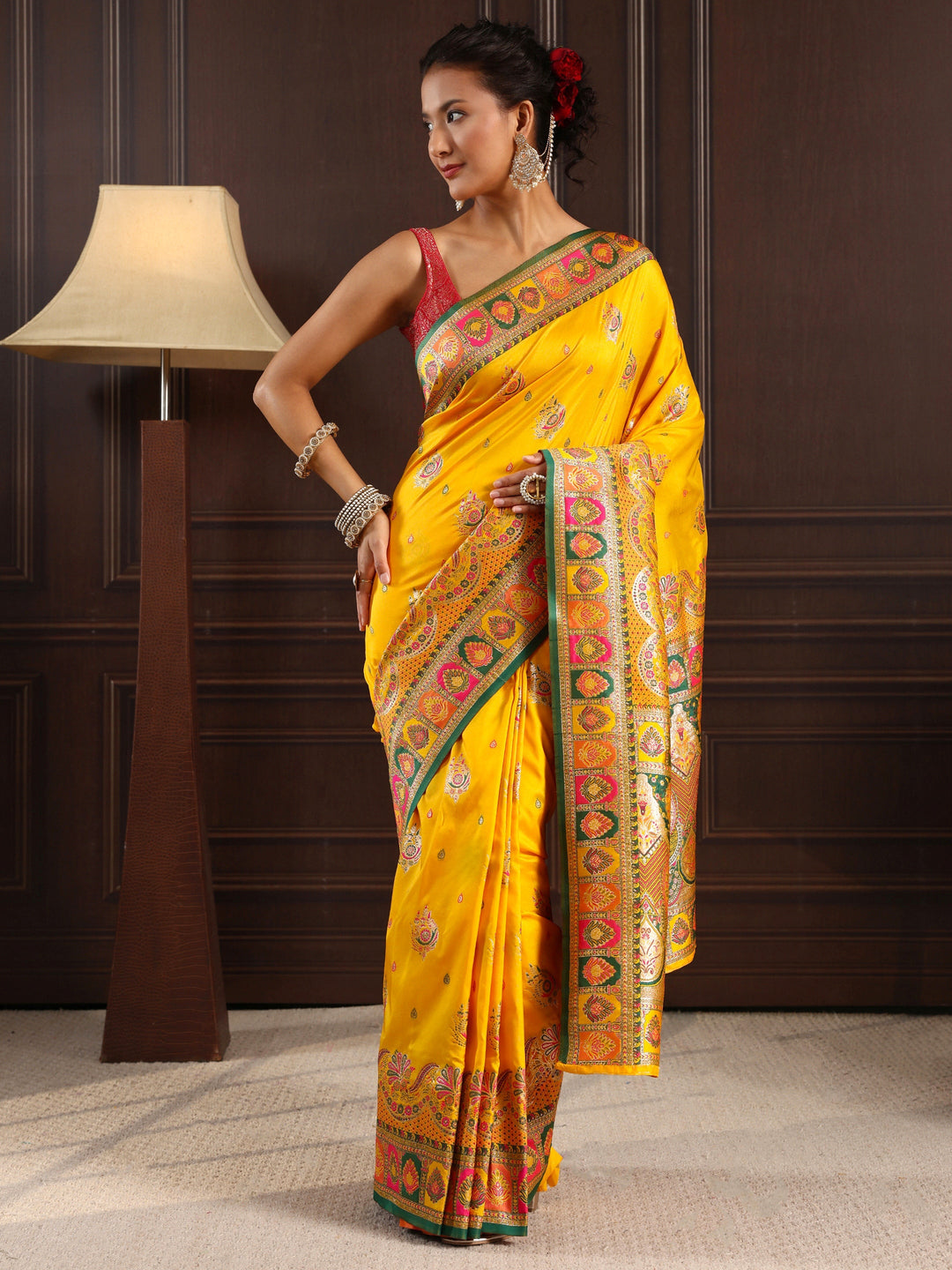  Libas Mustard Ethnic Woven Design Satin Saree 
