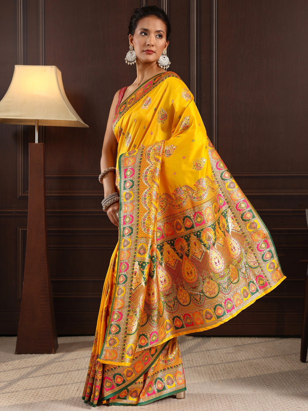  Libas Mustard Ethnic Woven Design Satin Saree 