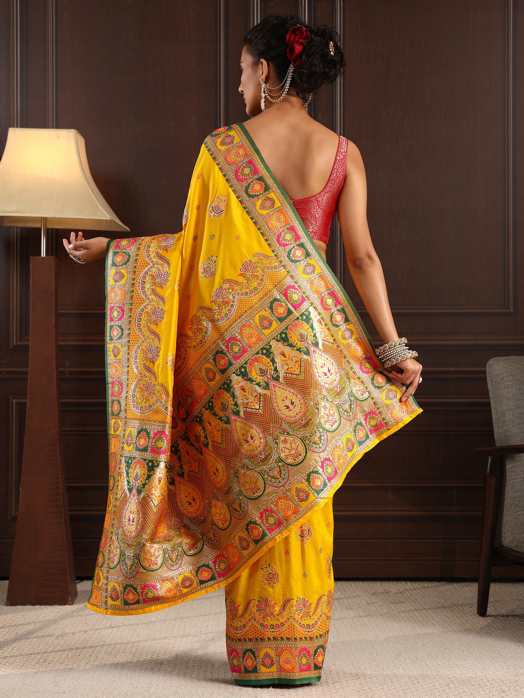  Libas Mustard Ethnic Woven Design Satin Saree 