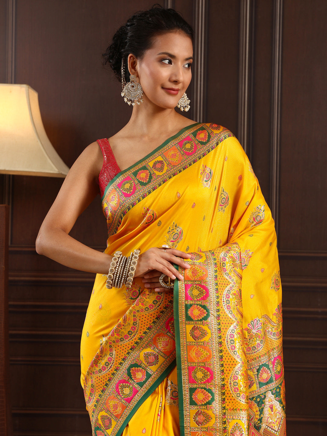 Libas Mustard Ethnic Woven Design Satin Saree 