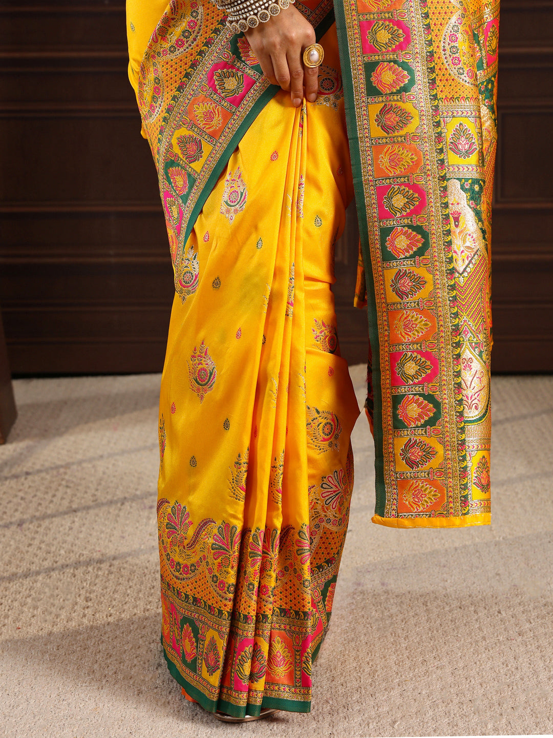  Libas Mustard Ethnic Woven Design Satin Saree 