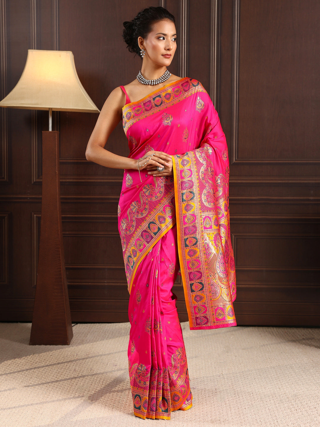  Libas Fuchsia Pink Ethnic Woven Design Satin Saree 