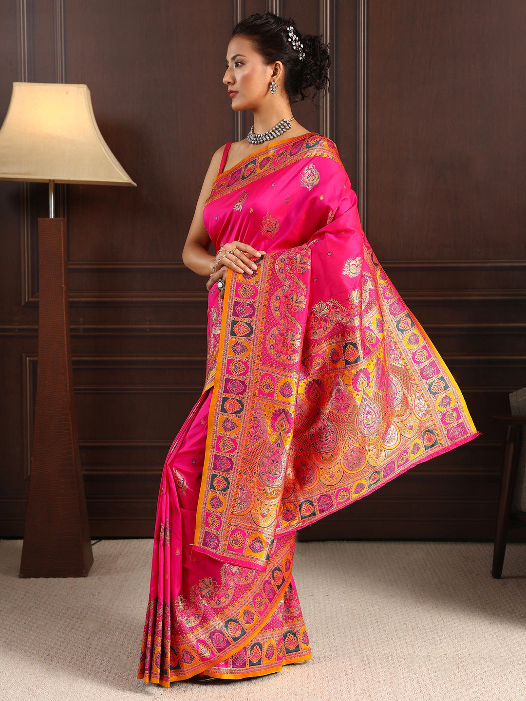  Libas Fuchsia Pink Ethnic Woven Design Satin Saree 